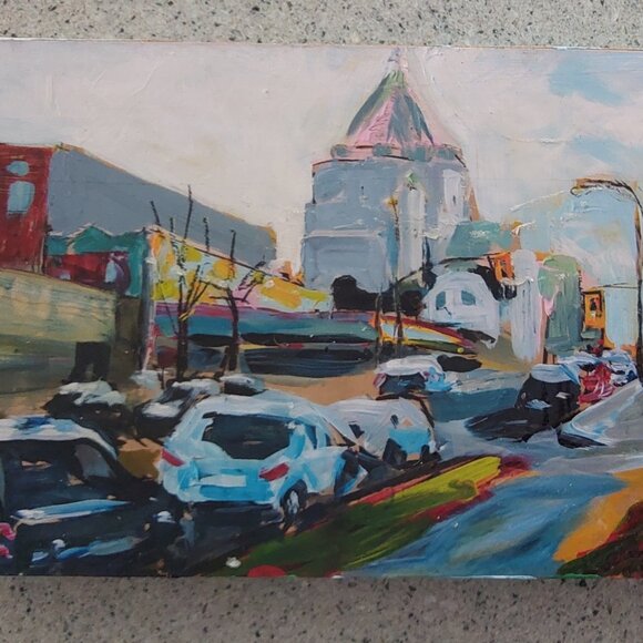 LEEF EVANS Original Art Acrylic on Cradle Board Gore Powell Vancouver City Scene - Picture 1 of 3